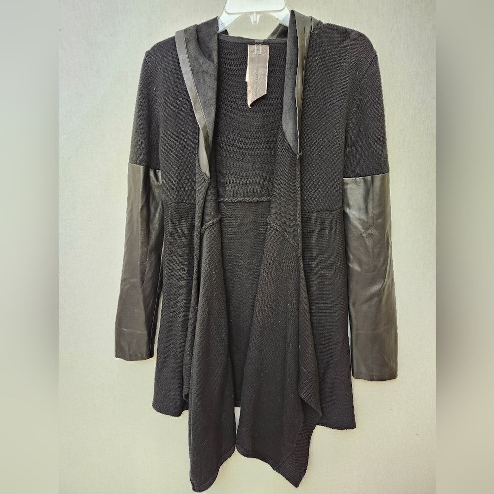 Moon Collection- Black Faux Leather Trim Long Hoodie‎ Jacket md